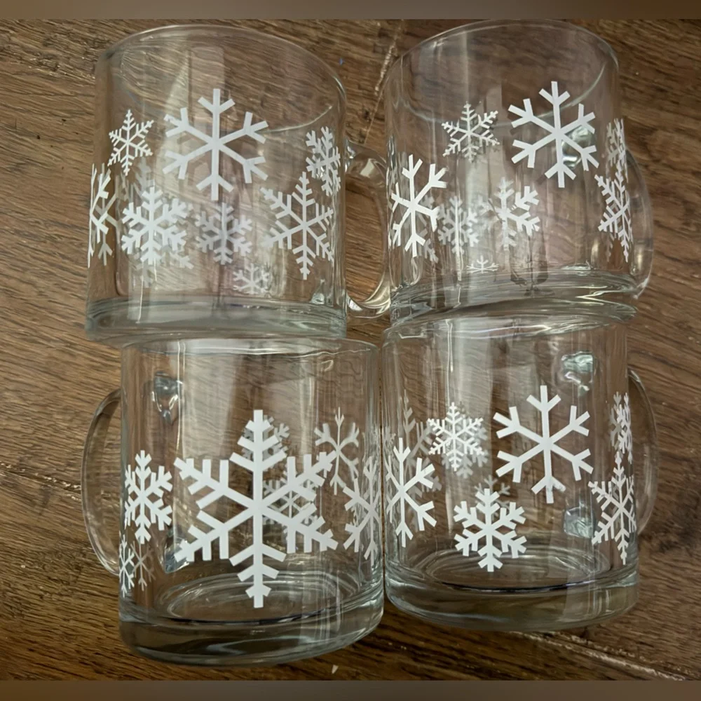 Crate & Barrel Clear Glass White Snowflake Winter Christmas Coffee Mugs USA set